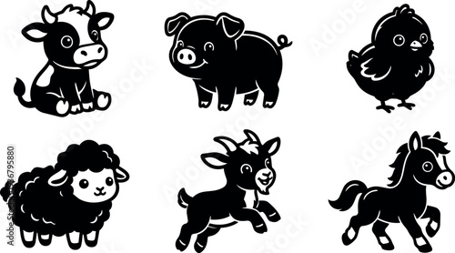 Cartoon vector set of six farm baby animals in playful poses with bold outline flat style and smiling expressions collection