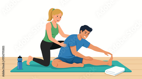 Woman Assisting Man in Yoga Stretching Exercise on Green Mat.