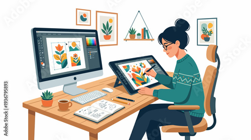 Woman working on digital art on a graphics tablet and computer.