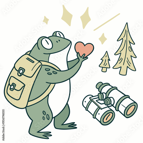 Evergreen Trails themed SVG: Bashful Frog with holding a heart in a Forest adventure environment