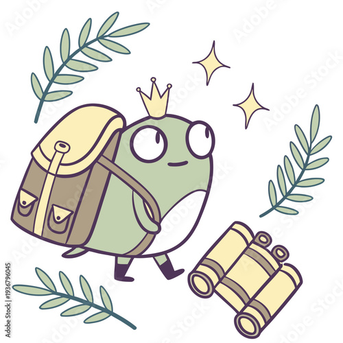 Vector illustration of a Dreamy Frog with with a tiny crown, styled in a Forest adventure theme using Evergreen Trails colors