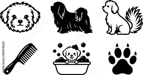 Vector dog grooming icons set with fluffy puppy face bathing tub comb paw print side profile silhouettes soap bubbles shampoo