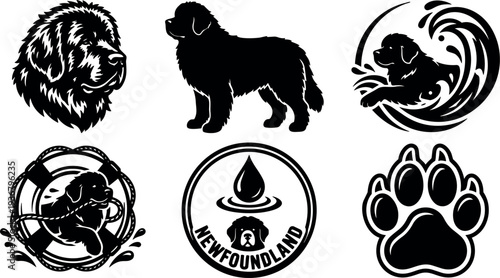 Badge style silhouette newfoundland dog head full body paw and lifebuoy logo set with water splash black white