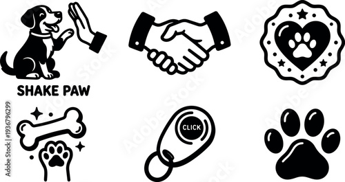 Flat design paw icon set showing dog shake paw handshake clicker bone badge paw print in minimal black vector illustration