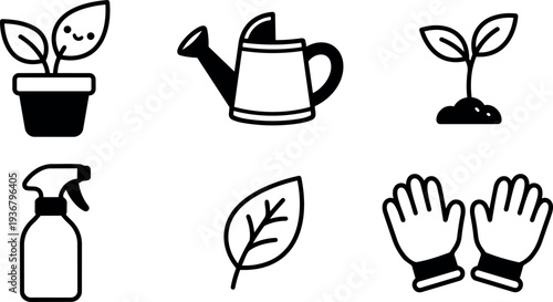 Minimalist line art gardening icon set with smiling potted plant watering can seedling spray bottle leaf and gloves close up