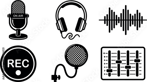 Flat design black audio equipment icons set showing vintage microphone headphones waveform rec button pop filter and mixer controls