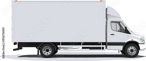 White box truck delivery vehicle vector illustration, modern cargo truck side view with cab and wheels for logistics shipping freight e-commerce designs