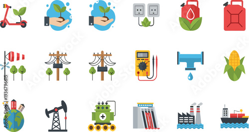 Energy Industry and Environmental Resources Icon Set Featuring Oil Pump Gas Fuel Electricity Meter Power Lines Water Tap and Renewable Nature Elements.