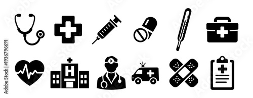 Medical Healthcare Icons Set – Hospital, Doctor, Medicine and First Aid Black Silhouette Vector Collection