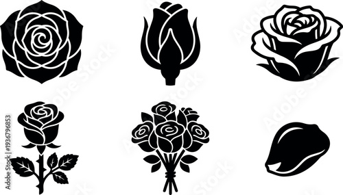 Flat design rose silhouette icons set six floral elements including single blossom bud bouquet petal minimalist black vector for logo