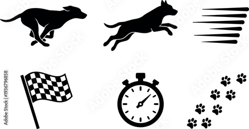 Minimalist vector silhouette greyhound leaping mid air with motion streaks stopwatch checkered flag paw prints side view low angle sprinting speed
