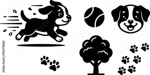 Flat vector running puppy with tennis ball smiling face paw prints tree icons motion streaks black silhouette playful energetic joyful