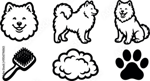 Line art vector set showing fluffy dog face full body sitting dog grooming brush fur cloud and paw icons black
