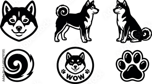 Flat design shiba inu mascot set showing head close up standing and sitting profiles tail swirl paw badge icons bold