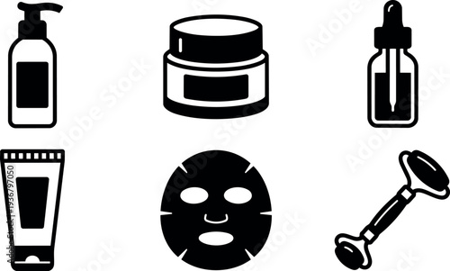 Flat design black skincare icons set pump bottle cream jar dropper tube sheet mask and facial roller on white background