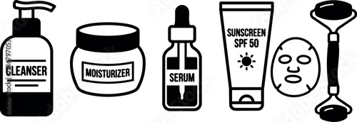 Flat line art vector icons close up skincare routine bottles jar serum tube mask and facial roller in minimalist row