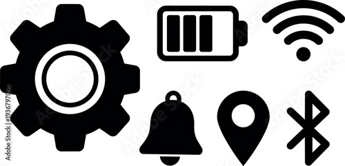 Flat design tech icons set gear battery wifi bluetooth bell location pin simple black vector on white background minimal interface