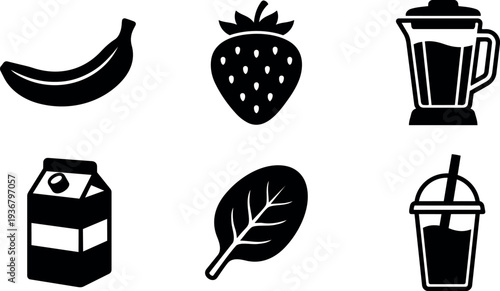 Flat design smoothie ingredients icons set showing banana strawberry blender milk carton spinach leaf and takeaway cup minimal close up