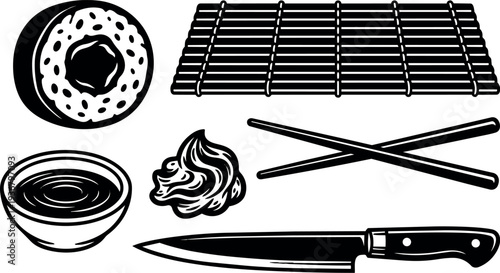 Line art sushi preparation set with bamboo mat sushi roll knife chopsticks dipping sauce and wasabi close up top view