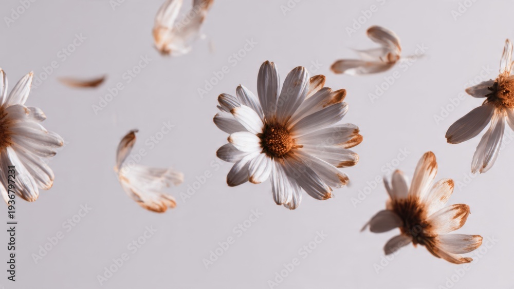 Fototapeta premium Abstract Floating Dried White Daisies against Neutral Background