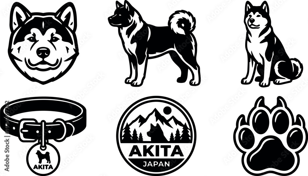 Fototapeta premium Flat design black and white akita dog emblem set including head profile standing and sitting badges collar tag paw print
