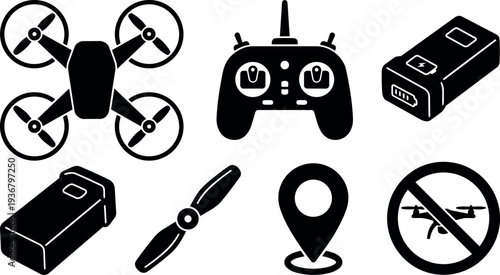 Flat design drone icon set top view quadcopter controller battery propeller location pin no drones sign black silhouettes vector minimal