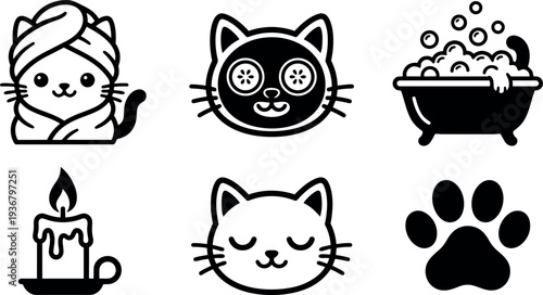 Minimalist icon set spa cats with towel wrap cucumber eye mask bubble bath candle sleeping face paw print vector line