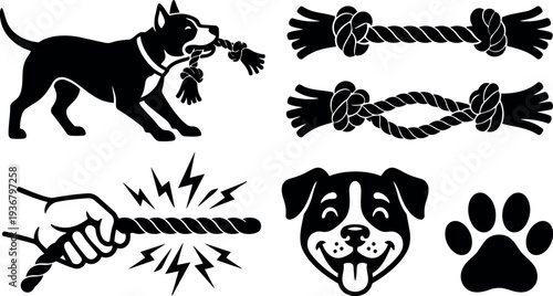 Flat design silhouette playful dog tugging rope toy close up head and paw icons bold black vector set isolated graphic