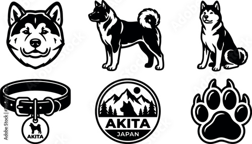 Flat design black and white akita dog emblem set including head profile standing and sitting badges collar tag paw print