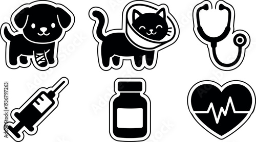Minimalist veterinary icon set puppy with bandage cat with cone stethoscope syringe medicine vial heart ecg sticker style flat vector