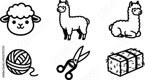 Line art vector icons with sheep head alpaca standing and sitting yarn ball scissors hay bale farm craft
