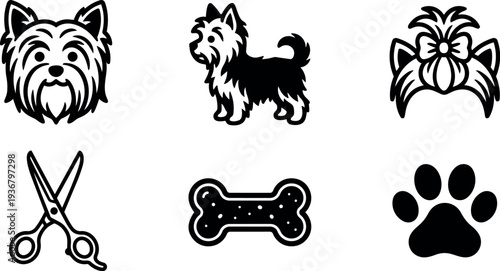 Flat vector dog grooming icon set yorkshire terrier head full body paw bone scissors bow accessory in black minimal silhouette