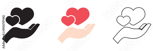 Hand Holding Hearts Charity  Icon. Minimal outline icon of a hand holding hearts, symbolizing love, charity, donation, care, compassion, and emotional support in community or nonprofit concepts.