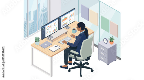 Man working on computer in modern office cubicle.