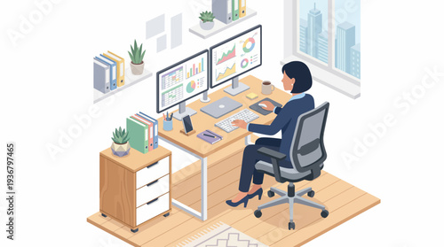 Man working on computer in a modern office with multiple monitors and office supplies.