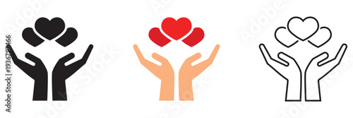 Hand Holding Hearts Charity  Icon. Minimal outline icon of a hand holding hearts, symbolizing love, charity, donation, care, compassion, and emotional support in community or nonprofit concepts.