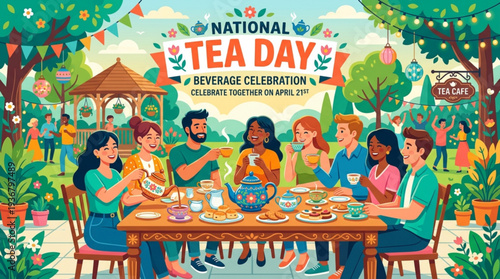 Group of friends celebrate national tea day with a beverage party in a garden