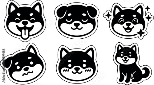 Kawaii flat vector sticker sheet six shiba inu emoticon faces and sitting puppy in bold outline style black white simple