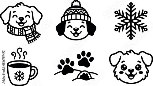 Line art set of smiling puppy faces wearing scarf and beanie with paw prints snowflake and hot mug winter icons