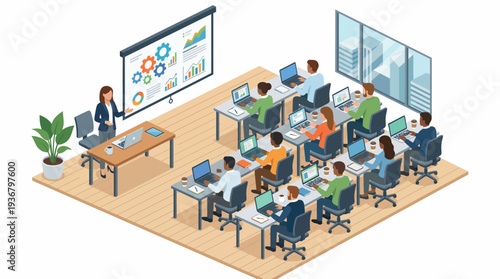 Modern office training room with employees working on computers under a teacher's guidance.