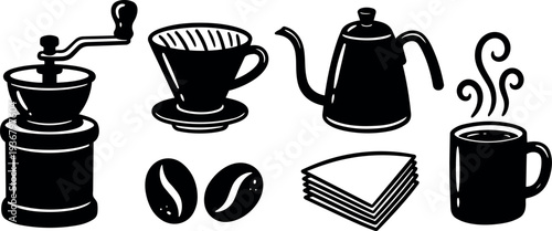 Flat design coffee equipment icons showing hand grinder pour over dripper gooseneck kettle steaming mug coffee beans paper filters minimalist
