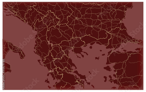  Vector map of the Balkan Peninsula featuring country borders, transportation networks, and coastal geography in a modern minimalist cartographic style