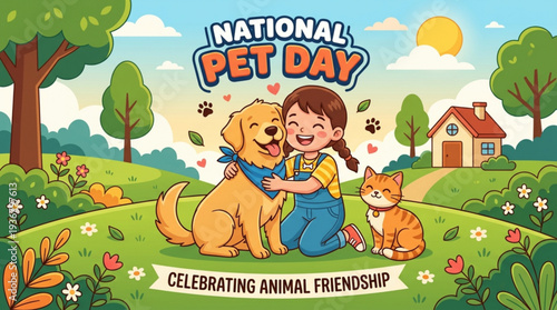 National pet day illustration of girl hugging dog and cat in garden celebrating animal friendship