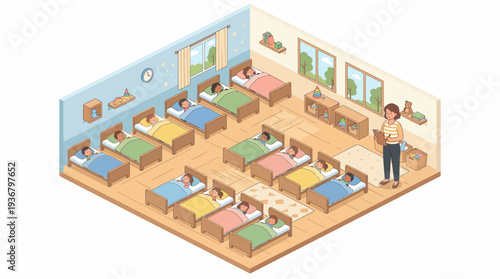 Isometric illustration of a classroom with students and a teacher.