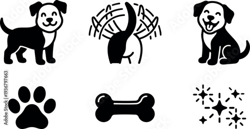 Flat design dog icon set showing happy puppy standing sitting tail wag paw print bone and sparkles smiling minimal silhouettes