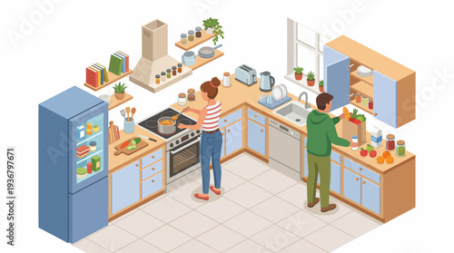 Couple Cooking Together in Modern Kitchen with Appliances and Utensils.