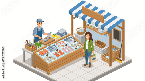 Isometric illustration of a fishmonger selling seafood at an outdoor market stall.