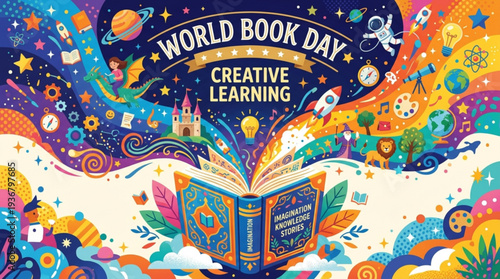 Vibrant world book day creative learning illustration with open book and colorful swirls