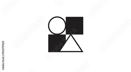 Abstract minimalist geometric composition with black and white shapes: circle, squares, triangle pattern. Modern design element.