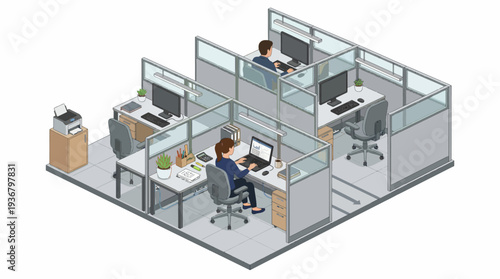Modern office cubicles with workers using computers in a collaborative environment.